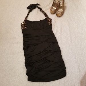 Sequin ruched bodycon halter dress